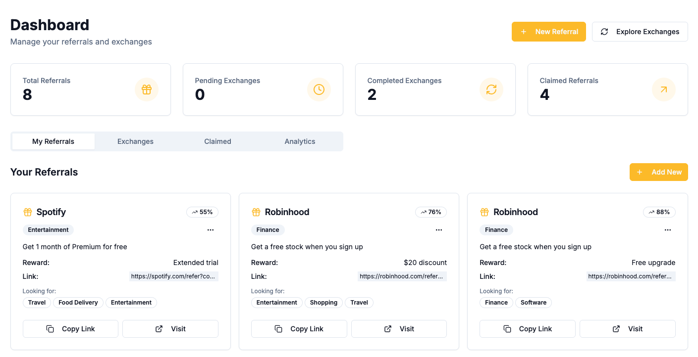 Dashboard screenshot showing user profile and rewards